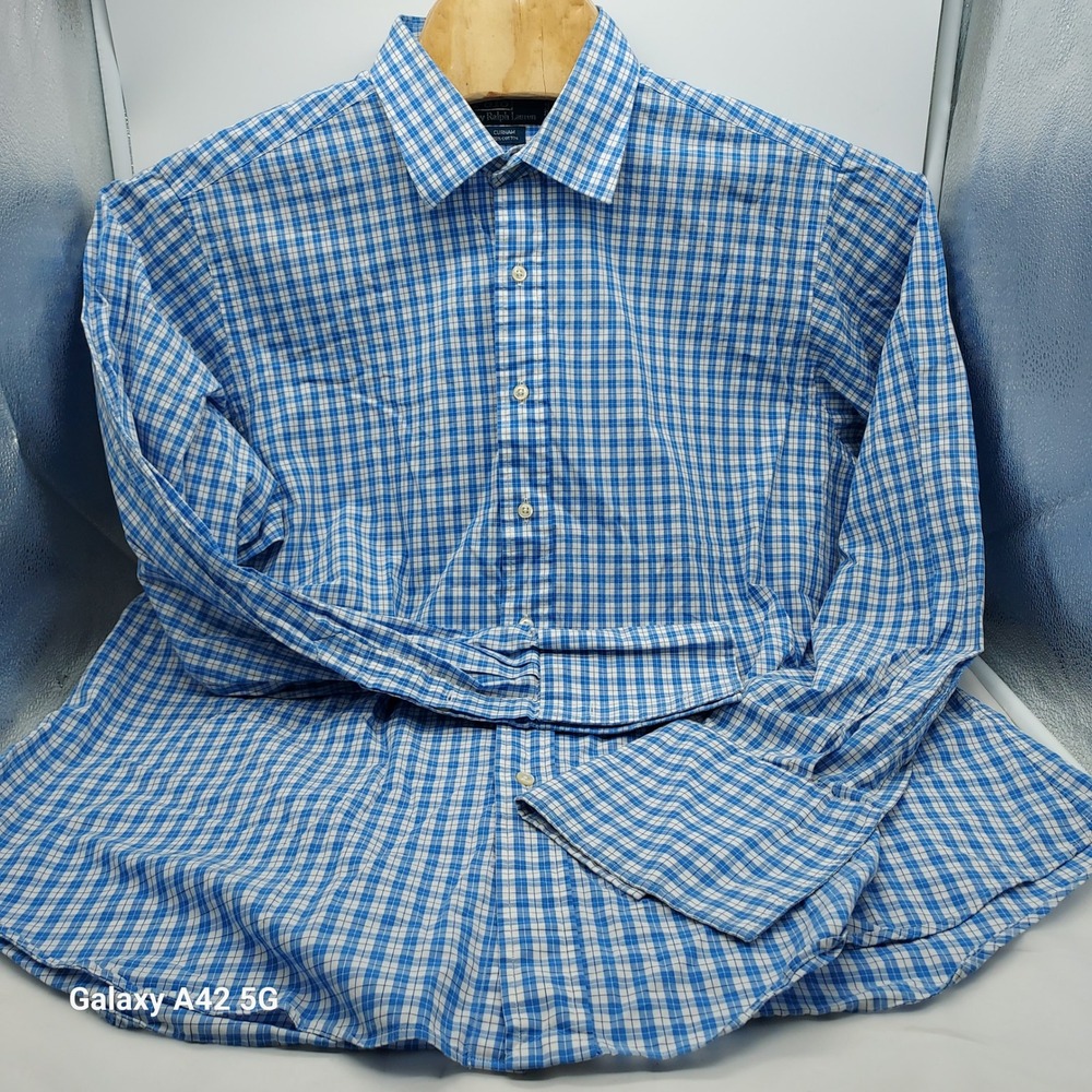 Polo Ralph Lauren Curham Blue White Plaid Cotton Shirt 17.5 36 Long Sleeve